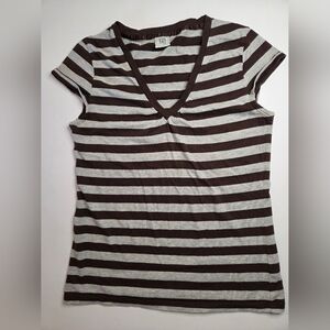 725 Origianal V Neck Cap Sleeve Tee Brown & Gray Striped 18in P2P S/M